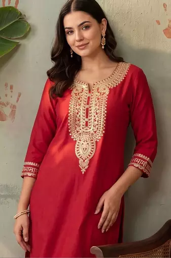 women ethnic motifs embroidered regular thread work liva kurta with trousers
