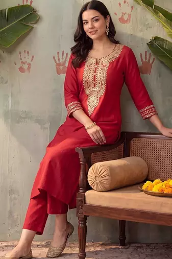 women ethnic motifs embroidered regular thread work liva kurta with trousers