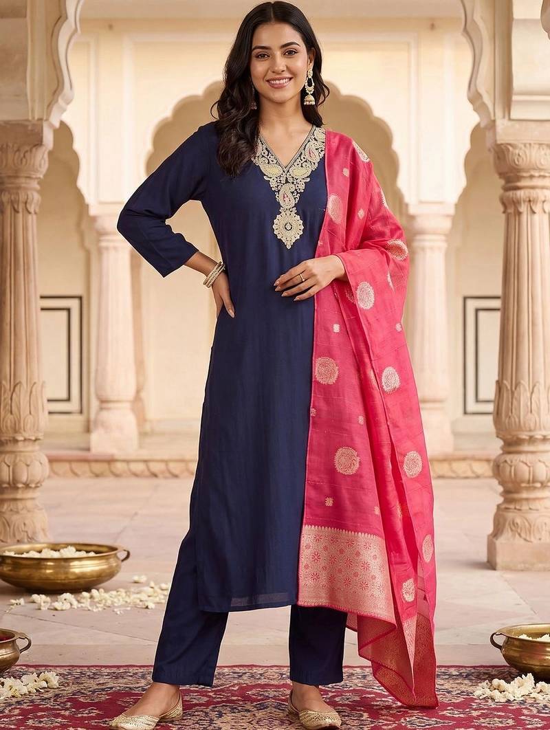 women ethnic motifs embroidered regular kurta with trousers & with dupatta