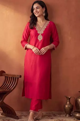 women ethnic motifs embroidered regular sequinned liva kurta with trousers