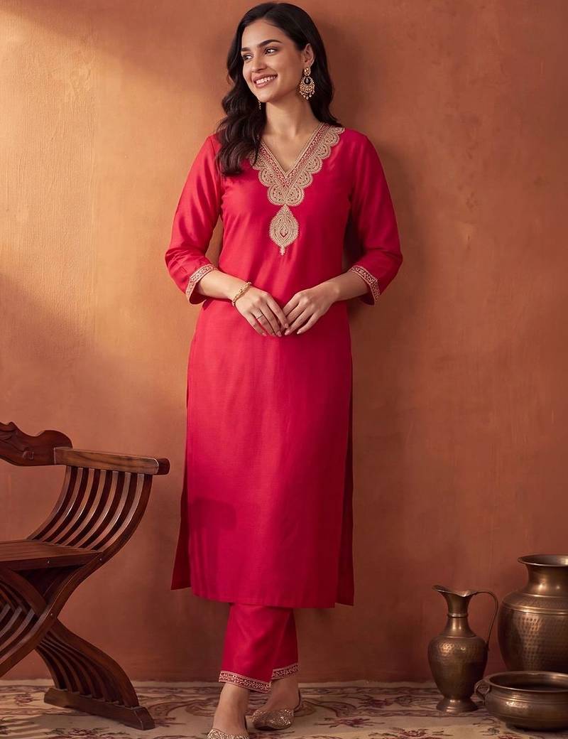 women ethnic motifs embroidered regular sequinned liva kurta with trousers