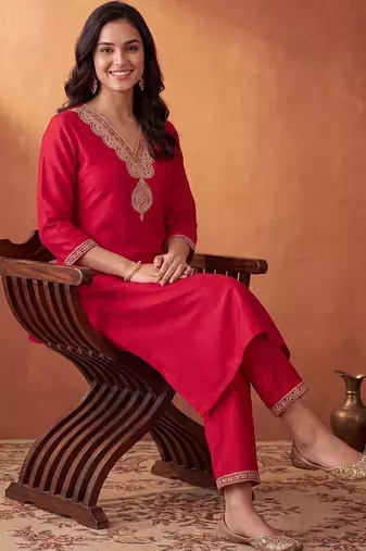 women ethnic motifs embroidered regular sequinned liva kurta with trousers