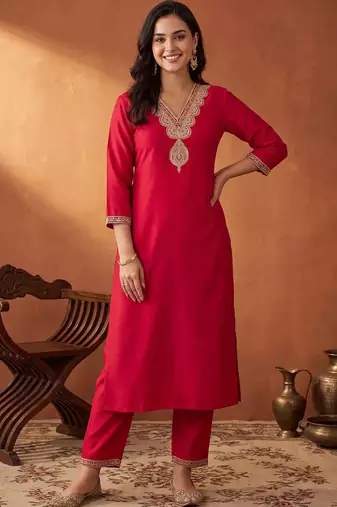 women ethnic motifs embroidered regular sequinned liva kurta with trousers