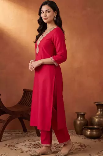 women ethnic motifs embroidered regular sequinned liva kurta with trousers