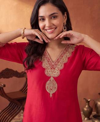 women ethnic motifs embroidered regular sequinned liva kurta with trousers 6