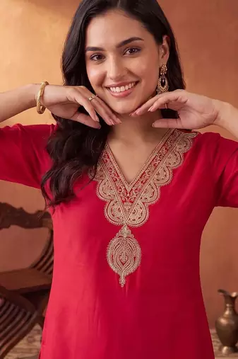 women ethnic motifs embroidered regular sequinned liva kurta with trousers