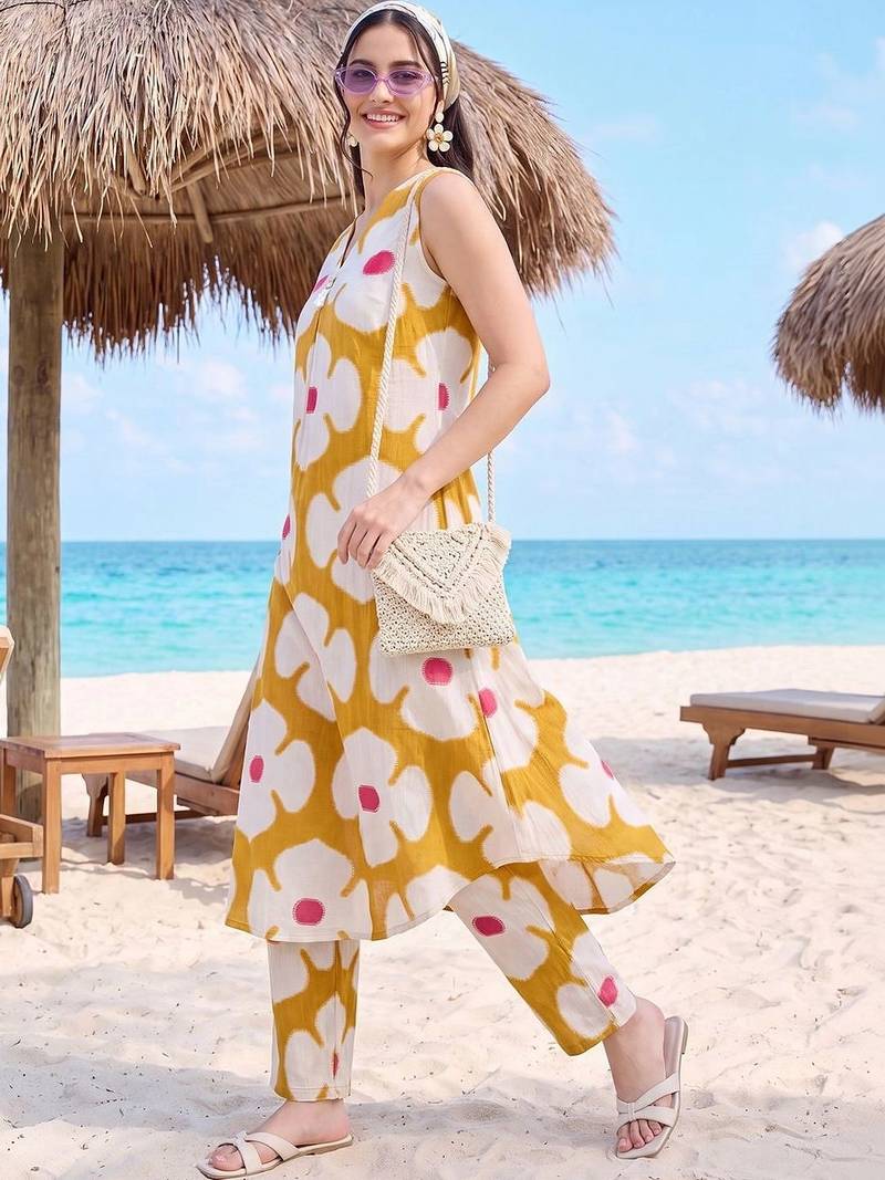 women floral printed regular cotton kurta with trousers