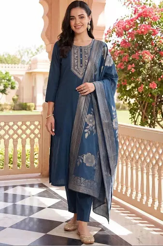 women ethnic motifs embroidered regular kurta with trousers & with dupatta