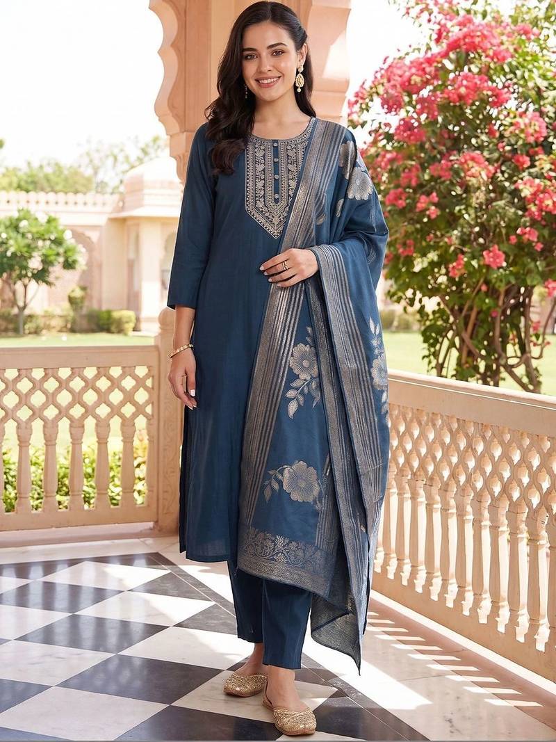 women ethnic motifs embroidered regular kurta with trousers & with dupatta