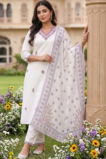 women ethnic motifs embroidered regular thread work cotton kurta with trousers & with dupatta