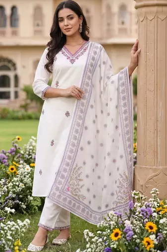 women ethnic motifs embroidered regular thread work cotton kurta with trousers & with dupatta