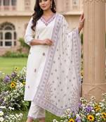 women ethnic motifs embroidered regular thread work cotton kurta with trousers & with dupatta