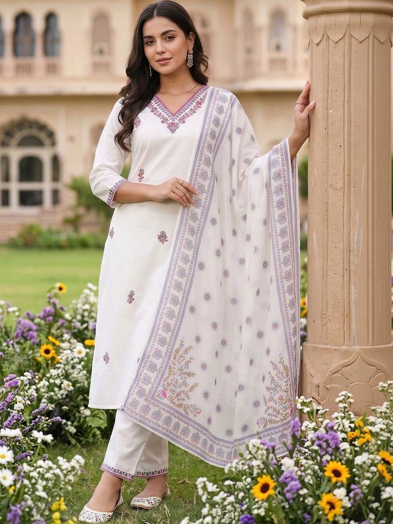 women ethnic motifs embroidered regular thread work cotton kurta with trousers & with dupatta