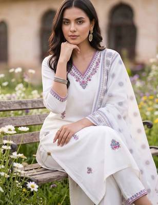 women ethnic motifs embroidered regular thread work cotton kurta with trousers & with dupatta 2