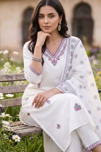 women ethnic motifs embroidered regular thread work cotton kurta with trousers & with dupatta
