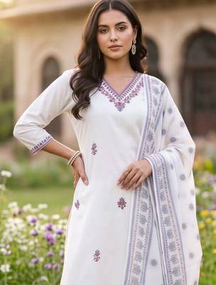 women ethnic motifs embroidered regular thread work cotton kurta with trousers & with dupatta 3