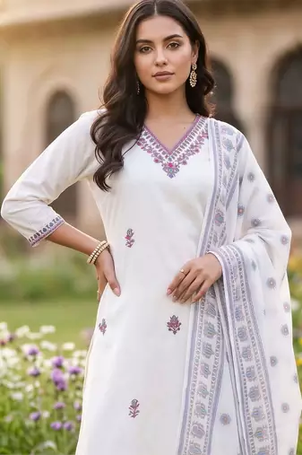 women ethnic motifs embroidered regular thread work cotton kurta with trousers & with dupatta