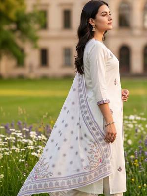 women ethnic motifs embroidered regular thread work cotton kurta with trousers & with dupatta 4