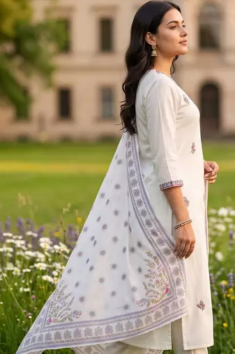women ethnic motifs embroidered regular thread work cotton kurta with trousers & with dupatta