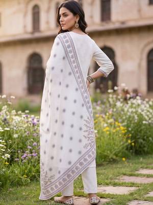 women ethnic motifs embroidered regular thread work cotton kurta with trousers & with dupatta 5
