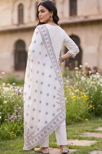 women ethnic motifs embroidered regular thread work cotton kurta with trousers & with dupatta