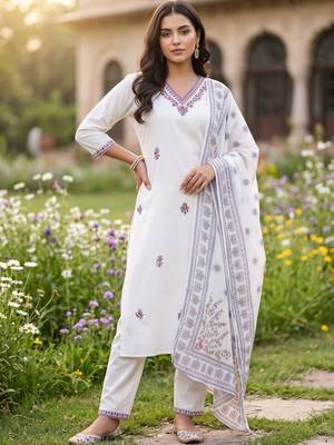 women ethnic motifs embroidered regular thread work cotton kurta with trousers & with dupatta 6