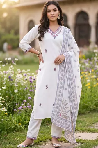 women ethnic motifs embroidered regular thread work cotton kurta with trousers & with dupatta