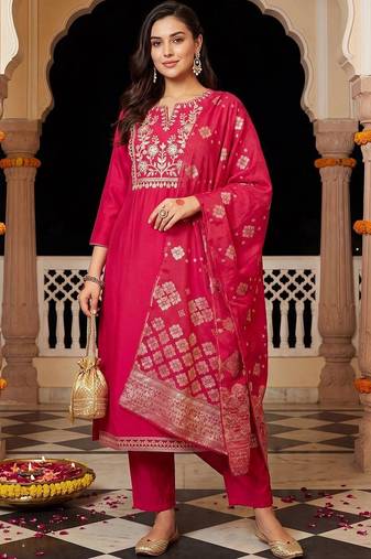 women ethnic motifs embroidered regular kurta with trousers & with dupatta