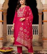 women ethnic motifs embroidered regular kurta with trousers & with dupatta