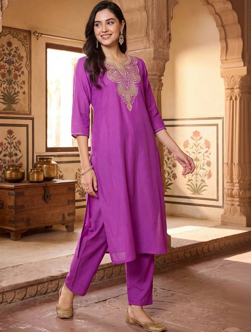 women ethnic motifs embroidered regular thread work kurta with trousers