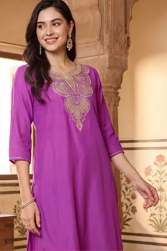 women ethnic motifs embroidered regular thread work kurta with trousers