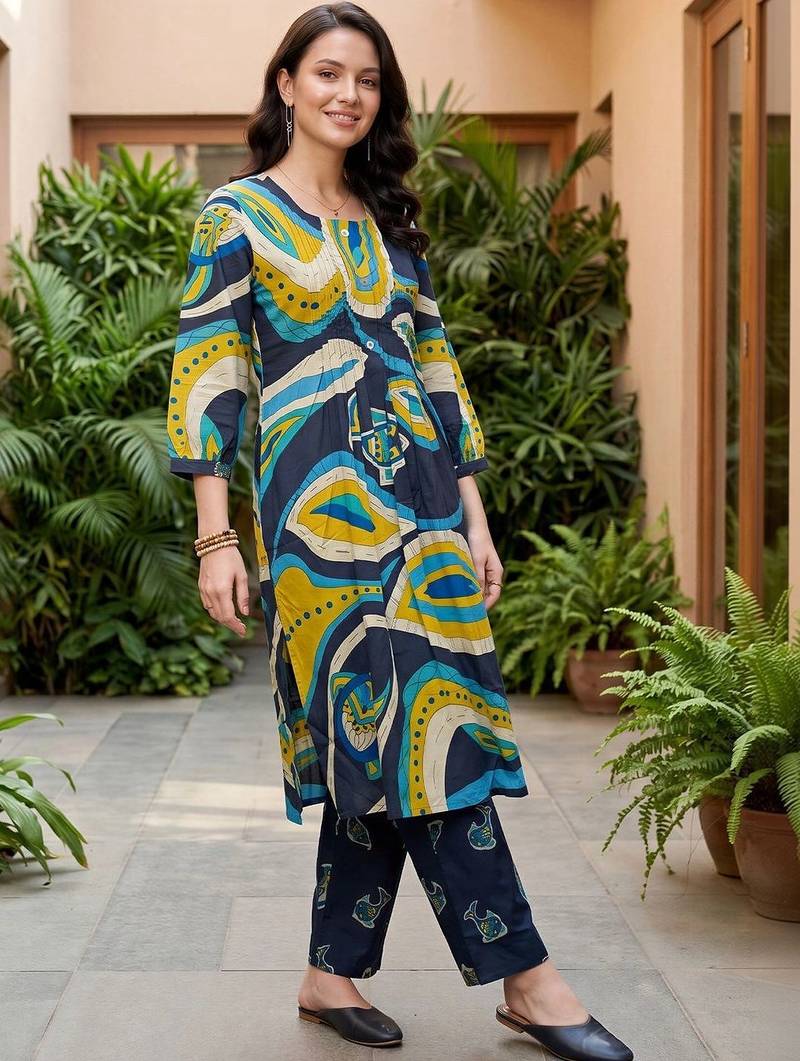 women animal printed regular cotton kurta with trousers