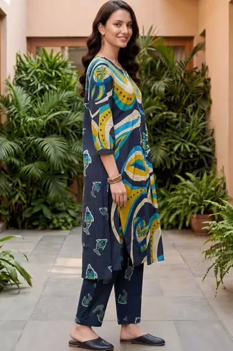 women animal printed regular cotton kurta with trousers