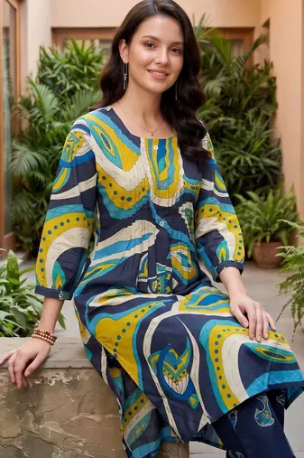 women animal printed regular cotton kurta with trousers