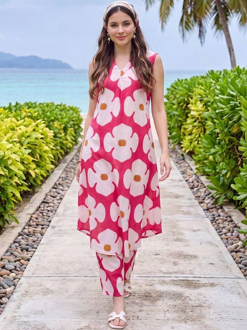 women floral printed regular cotton kurta with trousers