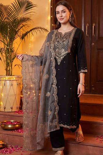 women ethnic motifs embroidered regular thread work kurta with trousers & with dupatta