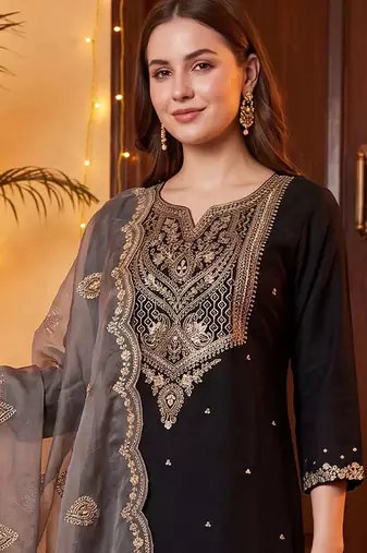 women ethnic motifs embroidered regular thread work kurta with trousers & with dupatta