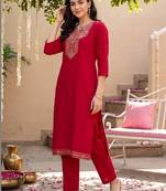 women ethnic motifs embroidered regular thread work kurta with trousers
