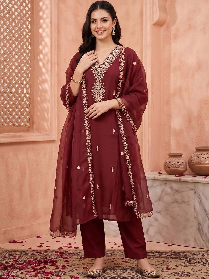 women ethnic motifs embroidered regular sequinned kurta with trousers & with dupatta