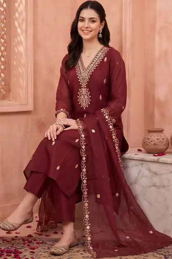women ethnic motifs embroidered regular sequinned kurta with trousers & with dupatta