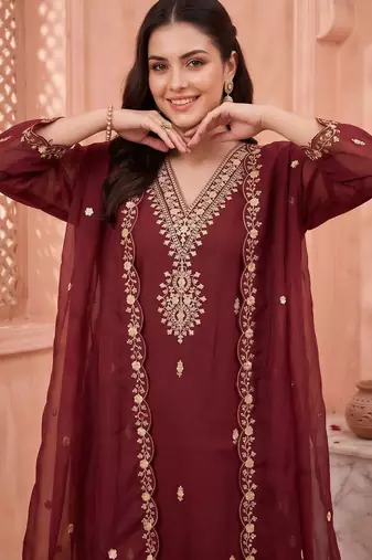 women ethnic motifs embroidered regular sequinned kurta with trousers & with dupatta