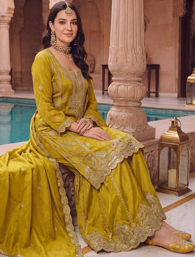 women ethnic motifs embroidered regular kurta with sharara & with dupatta