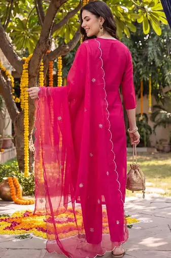 women ethnic motifs embroidered regular thread work kurta with trousers & with dupatta