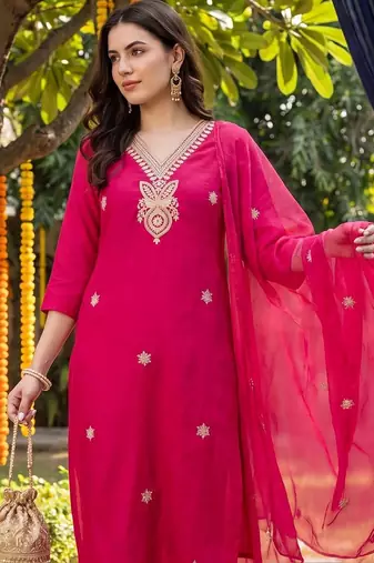 women ethnic motifs embroidered regular thread work kurta with trousers & with dupatta