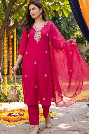 women ethnic motifs embroidered regular thread work kurta with trousers & with dupatta