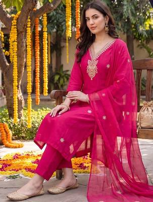 women ethnic motifs embroidered regular thread work kurta with trousers & with dupatta 6