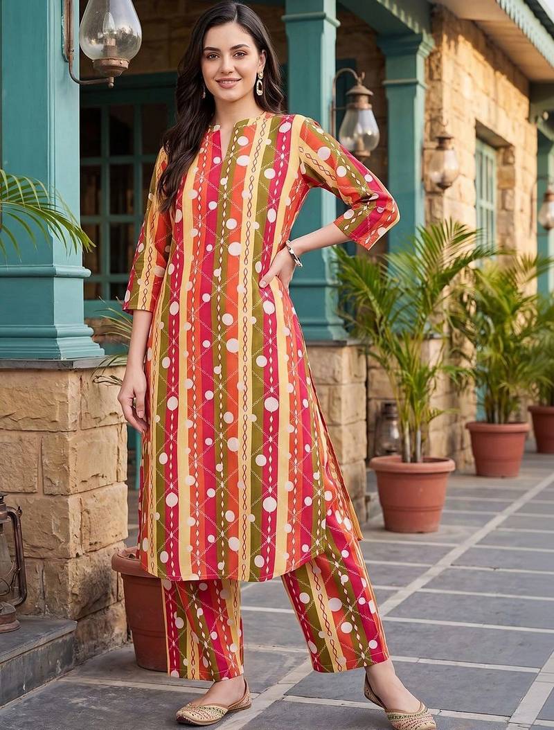 women printed regular cotton kurta with trousers