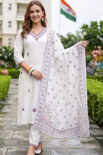 women ethnic motifs embroidered regular thread work cotton kurta with trousers & with dupatta