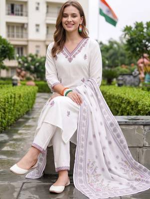 women ethnic motifs embroidered regular thread work cotton kurta with trousers & with dupatta 2