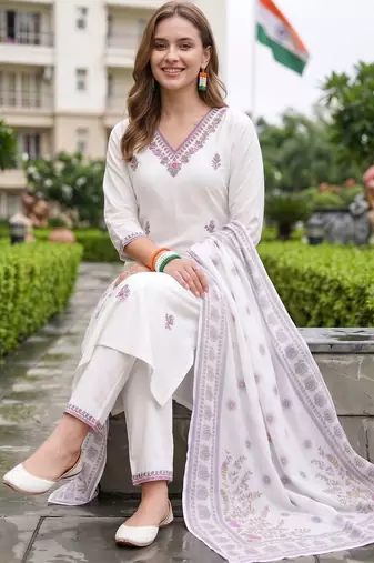 women ethnic motifs embroidered regular thread work cotton kurta with trousers & with dupatta